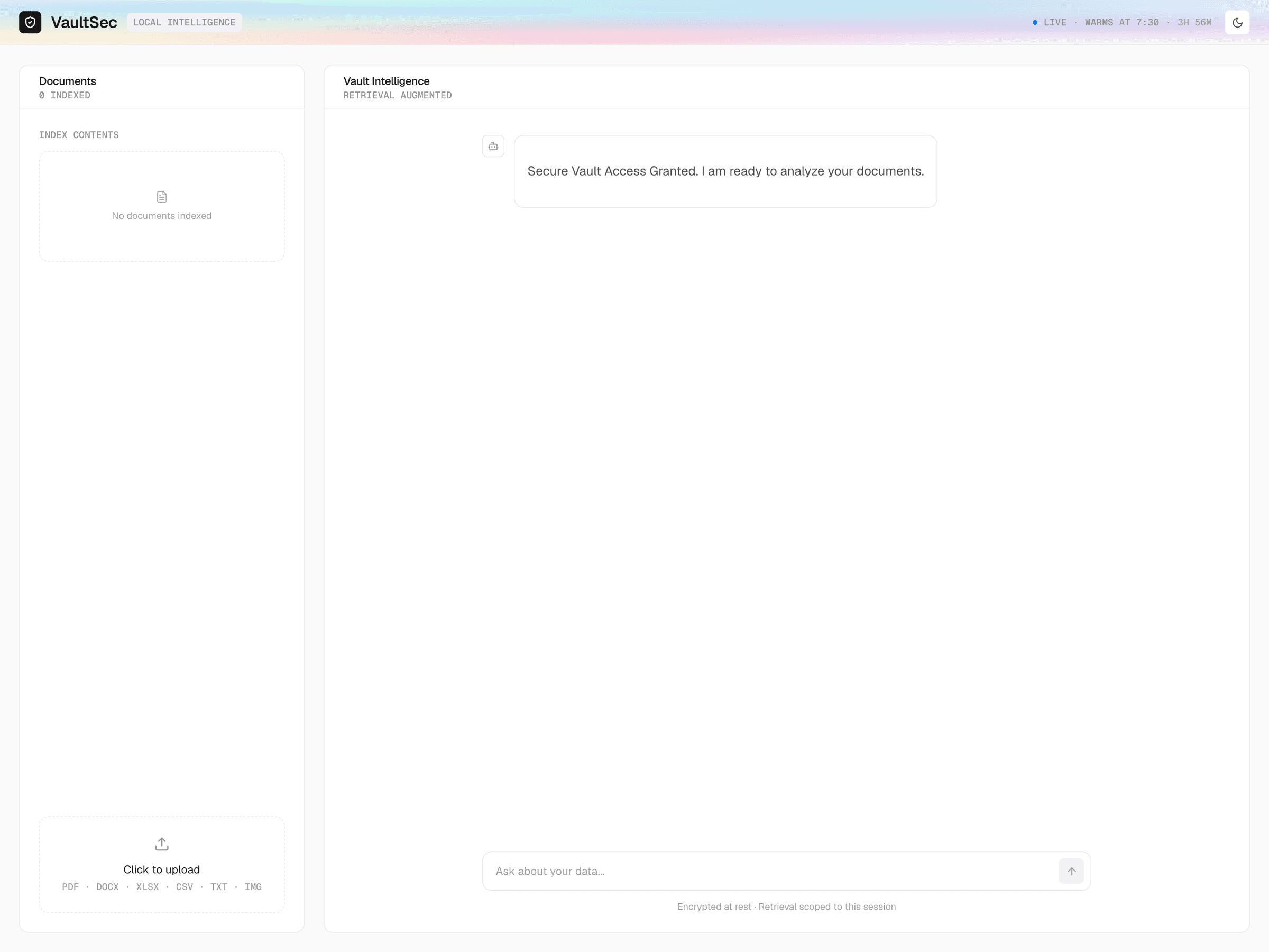 VaultSec: document index panel beside a retrieval-augmented chat, with encryption and session scoping noted in the footer